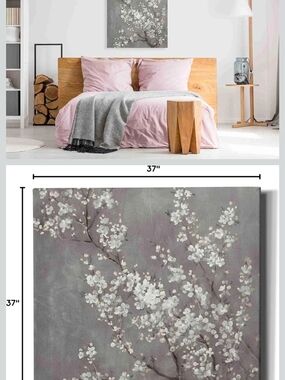 A Set Of Three Floral Cherry Blossom Canvas Wall Art in Gray and White 18x18 Exc